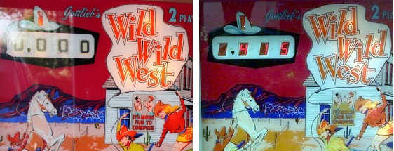 A Gottlieb Wild Wild West with original score reels (L) and with7 segment displays (R)